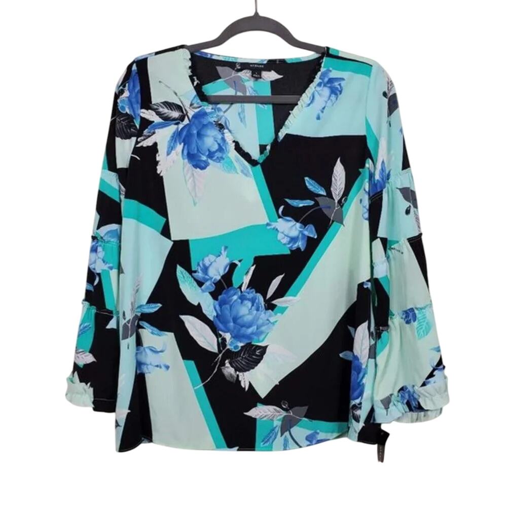 Alfani Printed Ruffle Trim Floral Top Black Blue Long Sleeve Women Size S NEW